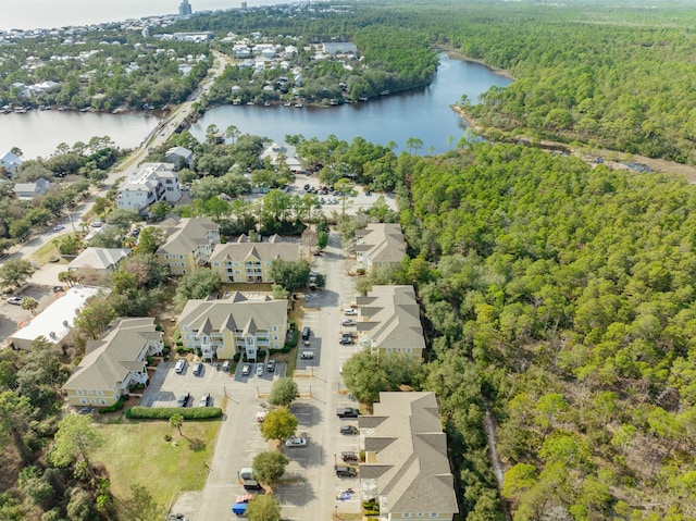 bird's eye view with a water view