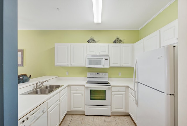 kitchen featuring kitchen peninsula, sink, white appliances, white cabinets, and light tile patterned flooring