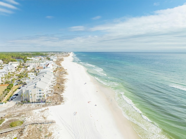 aerial view featuring a water view and a beach view
