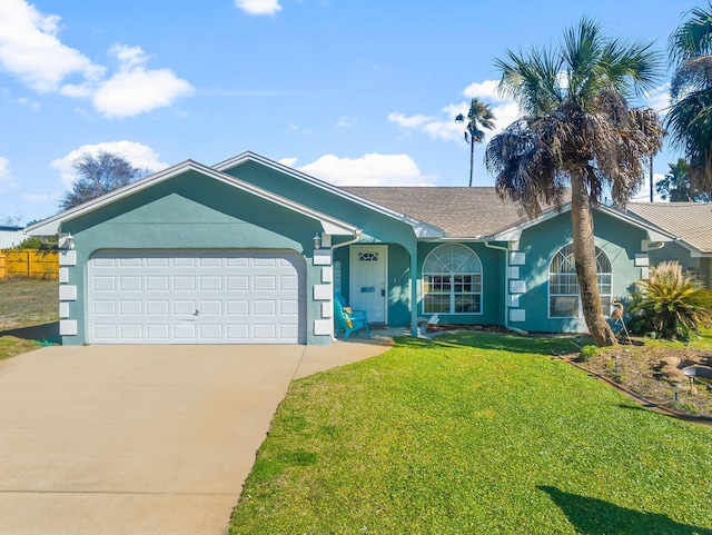 single story home featuring an attached garage, a front yard, concrete driveway, and stucco siding