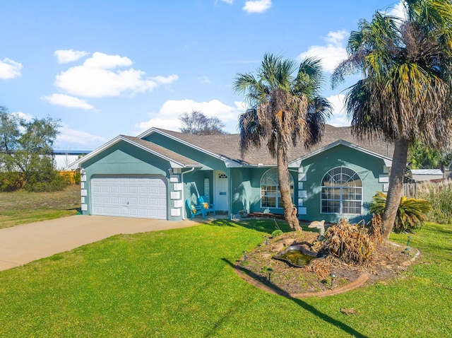 ranch-style home featuring a garage, driveway, a front yard, and stucco siding