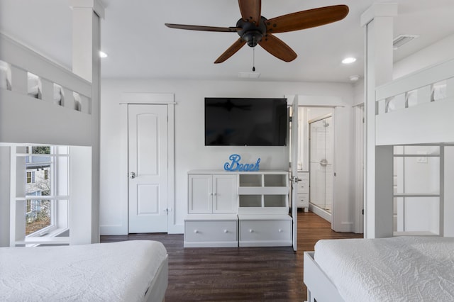 bedroom with ceiling fan, dark wood-type flooring, and recessed lighting