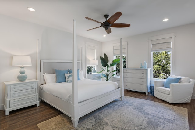 bedroom featuring a ceiling fan, recessed lighting, and wood finished floors