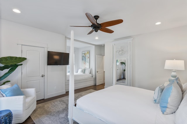 bedroom featuring wood finished floors, a ceiling fan, and recessed lighting