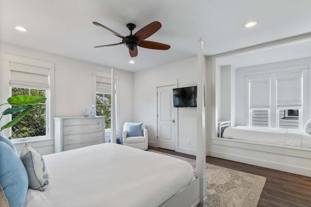 bedroom featuring recessed lighting, ceiling fan, baseboards, and wood finished floors