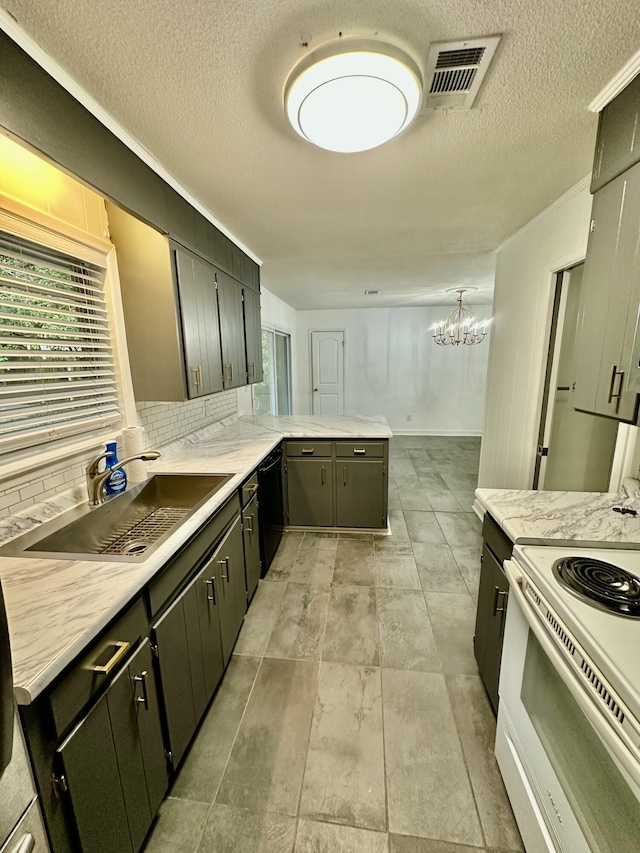 kitchen featuring hanging light fixtures, white electric range oven, black dishwasher, sink, and backsplash