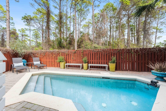 view of swimming pool featuring a fenced backyard and a fenced in pool