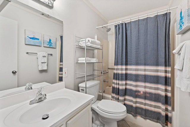 bathroom featuring shower / bathtub combination with curtain, toilet, ornamental molding, vanity, and tile patterned flooring