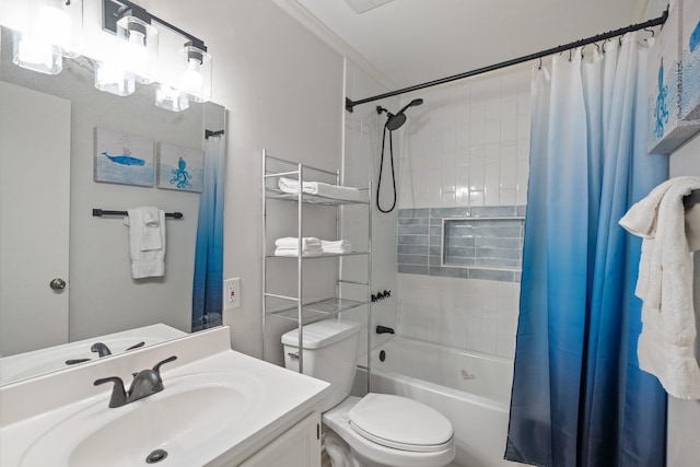 bathroom with crown molding, toilet, shower / bathtub combination with curtain, and vanity