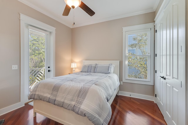 bedroom with access to exterior, crown molding, baseboards, and dark wood-style flooring