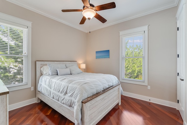 bedroom featuring multiple windows, baseboards, and dark wood-type flooring