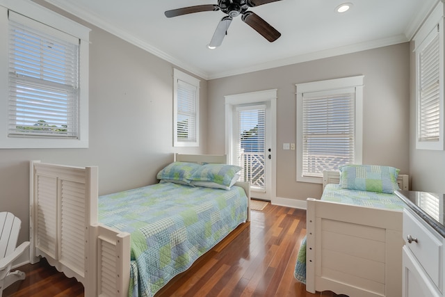 bedroom featuring baseboards, dark wood-style floors, ceiling fan, access to exterior, and crown molding