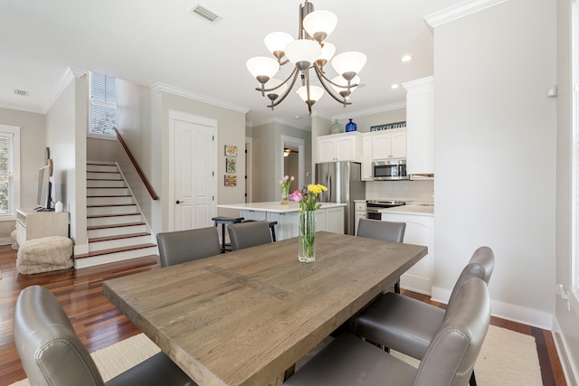 dining space with baseboards, visible vents, dark wood-style floors, stairway, and crown molding