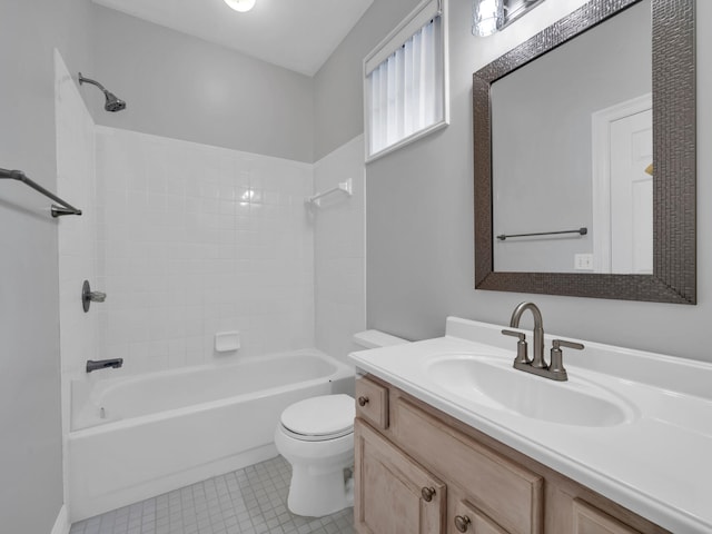 full bathroom with shower / bath combination, vanity, tile patterned flooring, and toilet