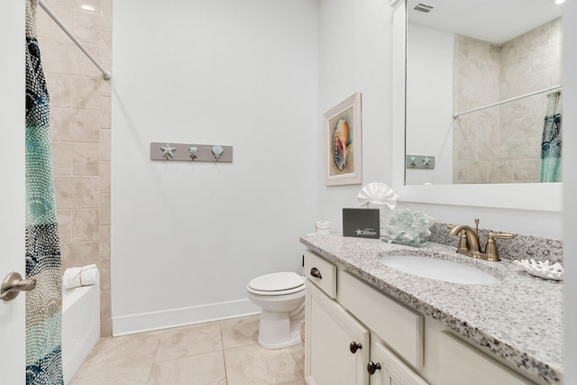 full bath with tile patterned flooring, toilet, shower / tub combination, vanity, and baseboards