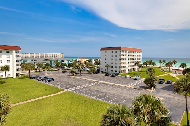 bird's eye view with a water view