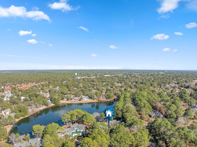 aerial view with a water view and a view of trees