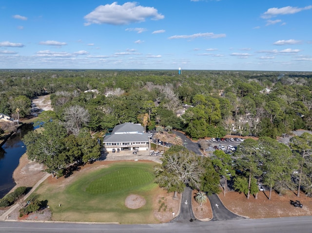 birds eye view of property featuring a water view and a view of trees