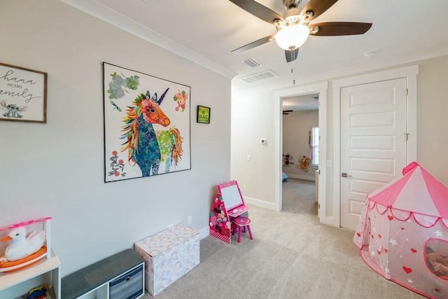 playroom featuring light colored carpet, visible vents, and baseboards