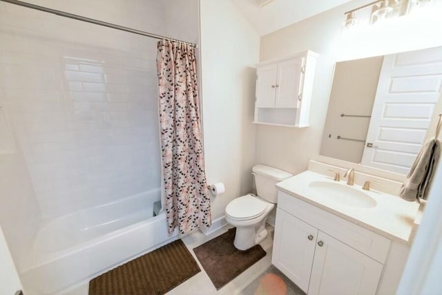 full bathroom with toilet, shower / bath combination with curtain, vanity, and tile patterned floors