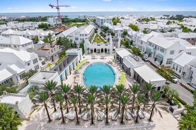 bird's eye view with a water view