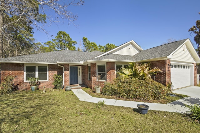 single story home with brick siding, roof with shingles, a front yard, a garage, and driveway