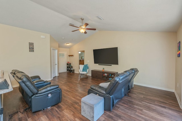 2908 Azalea Ave, Crestview, FL 32539 - living area with vaulted ceiling, visible vents, baseboards, a ceiling fan, and wood finished floors