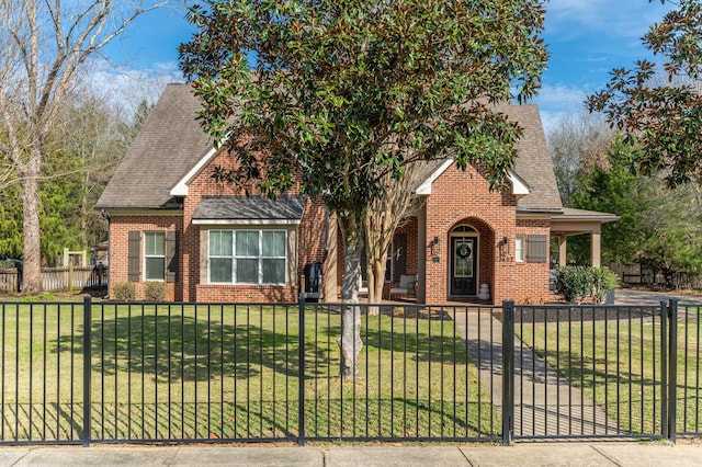 view of front of house featuring a fenced front yard, a front yard, brick siding, and roof with shingles