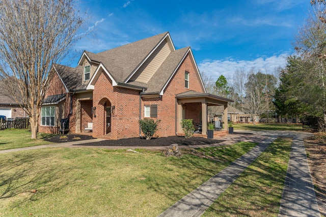 view of front of home featuring brick siding, a front lawn, and roof with shingles