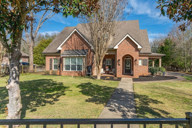 craftsman inspired home featuring roof with shingles, a front yard, fence, and brick siding