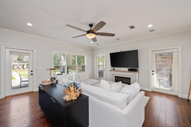 living area featuring ornamental molding, dark wood-type flooring, and visible vents