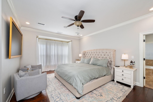 bedroom with dark wood-style flooring, visible vents, and crown molding