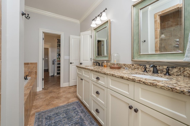 full bathroom with crown molding, tiled bath, a sink, and double vanity