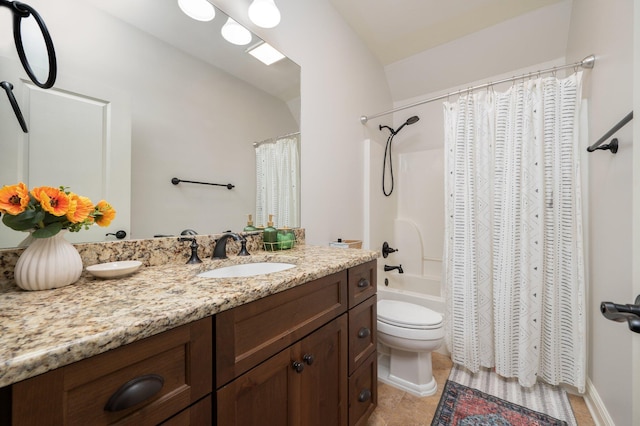 bathroom with tile patterned flooring, shower / tub combo with curtain, vanity, and toilet