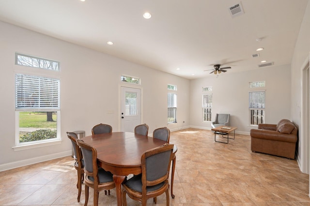 dining room featuring baseboards, visible vents, and recessed lighting