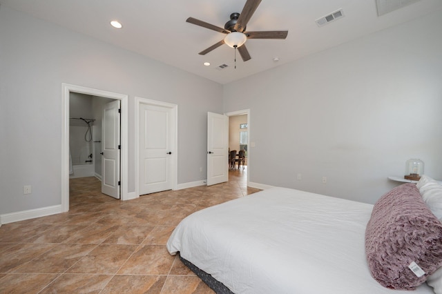 bedroom featuring ceiling fan, recessed lighting, visible vents, baseboards, and ensuite bath