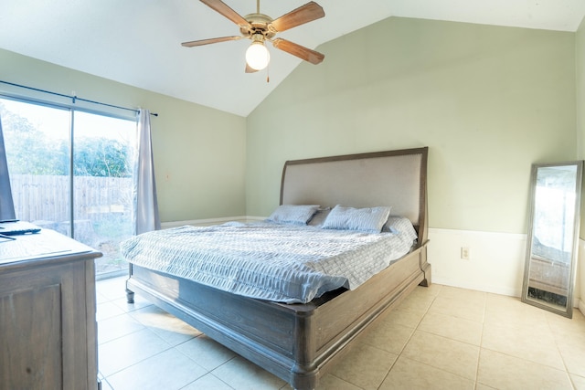 bedroom with access to exterior, high vaulted ceiling, a ceiling fan, and light tile patterned flooring