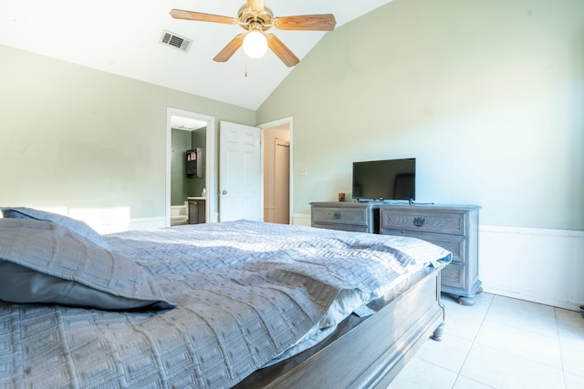 bedroom with a ceiling fan, visible vents, high vaulted ceiling, and light tile patterned floors