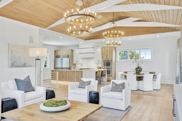 living room featuring a chandelier, wooden ceiling, light wood finished floors, ornamental molding, and beamed ceiling