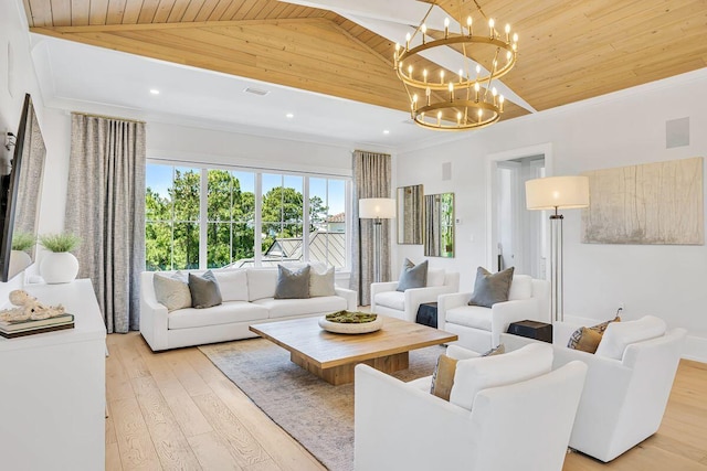 living room with lofted ceiling, a chandelier, light wood-style flooring, wooden ceiling, and recessed lighting