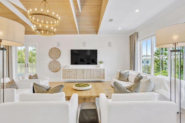 living area with wooden ceiling, beam ceiling, a chandelier, baseboards, and wood finished floors