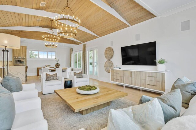 living room featuring wood ceiling, a chandelier, baseboards, and light wood-type flooring