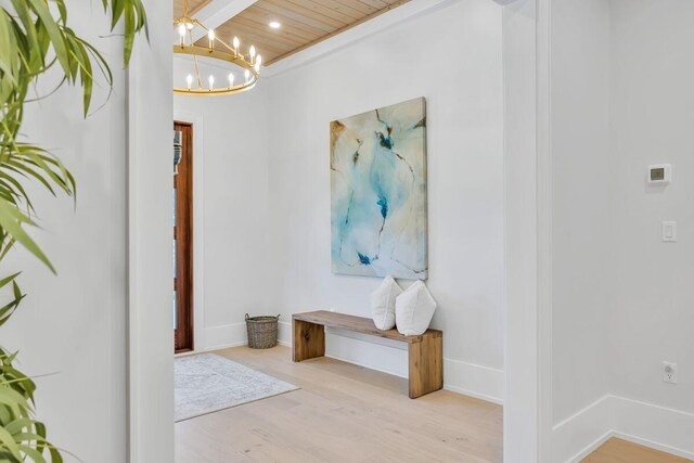 mudroom with wooden ceiling, a chandelier, wood finished floors, recessed lighting, and baseboards