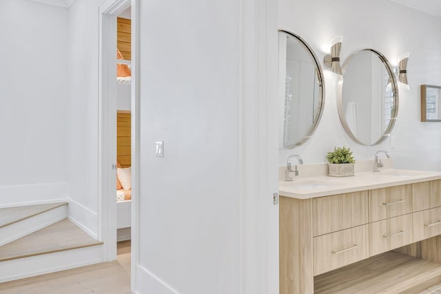 bathroom featuring wood finished floors and double vanity