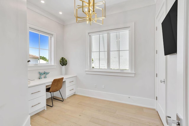 unfurnished office with a chandelier, built in study area, light wood-style floors, baseboards, and recessed lighting