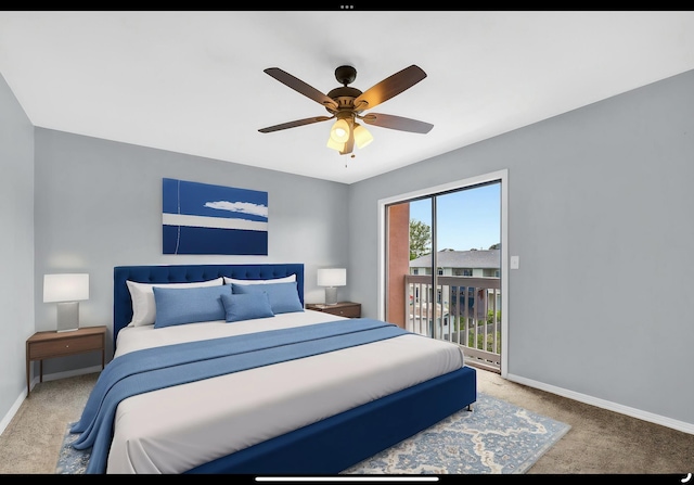 carpeted bedroom featuring access to exterior, a ceiling fan, and baseboards