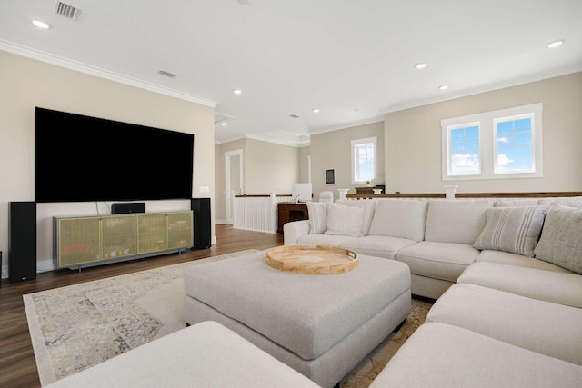 1760 Pathways Dr, Inlet Beach, FL 32461 - living room with ornamental molding, recessed lighting, wood finished floors, and baseboards