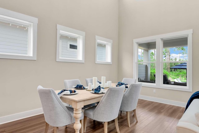 1760 Pathways Dr, Inlet Beach, FL 32461 - dining space featuring dark wood finished floors, baseboards, plenty of natural light, and a high ceiling