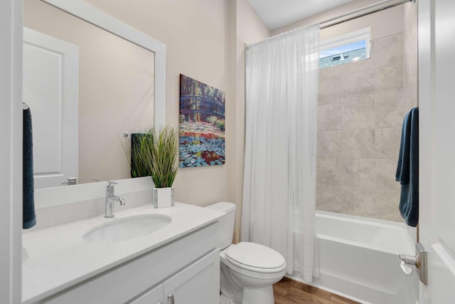 1760 Pathways Dr, Inlet Beach, FL 32461 - bathroom with vanity, toilet, shower / bathtub combination with curtain, and wood finished floors