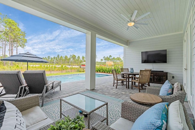 1760 Pathways Dr, Inlet Beach, FL 32461 - view of patio / terrace with an outdoor hangout area, an outdoor pool, ceiling fan, and outdoor dining area